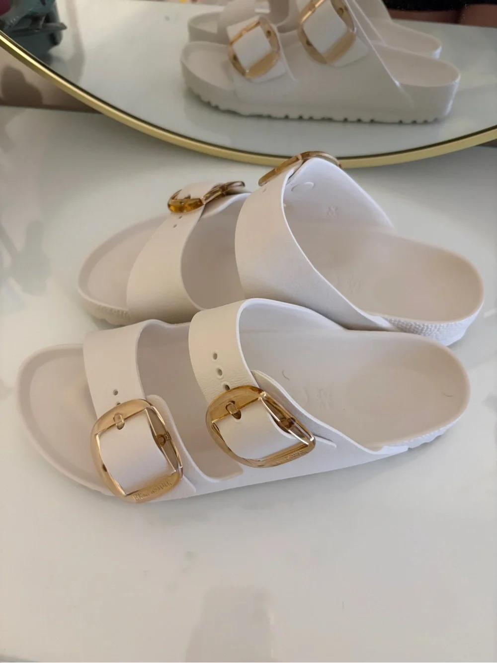 White Birkenstock Double Buckle Slide Sandals with Gold Hardware - Picture 2 of 3